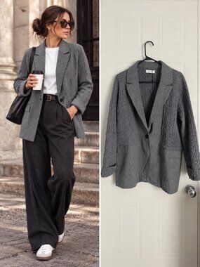 Naadam Gray Cable Knit Blazer Relaxed Straight Knitwear Quiet Luxury Preppy L
